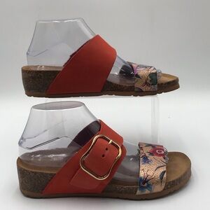 Bos. & Co. Red-Orange Floral Two-Band Cork Wedge Sandals